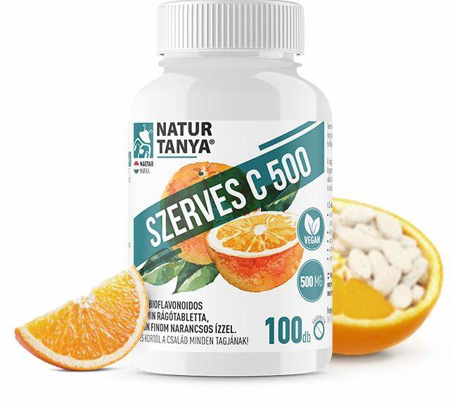 Natur Tanya SZERVES C 500 Kétféle C-vitamin és citrus bioflavonoidok gyomorkímélő rágótablettában, finom narancs ízben 100 db  1